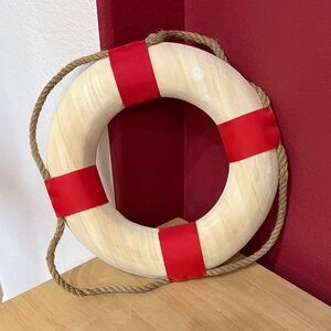 Vintage Nautical Wooden Life Buoy Ring with Red and Rope Accents